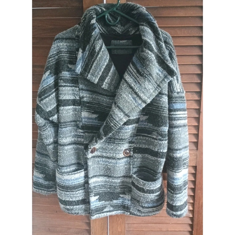 NEW Prana Gray Blue Striped Wool Blend Boho Jacket Coat Med